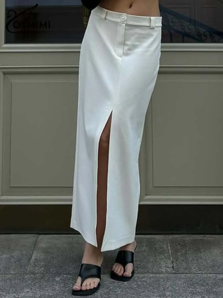 Oymimi Casual White Slim Women's Skirt Elegant Mid Waisted Straight Solid Skirts Fashion Slit Ankle-Length Skirts Female Sets
