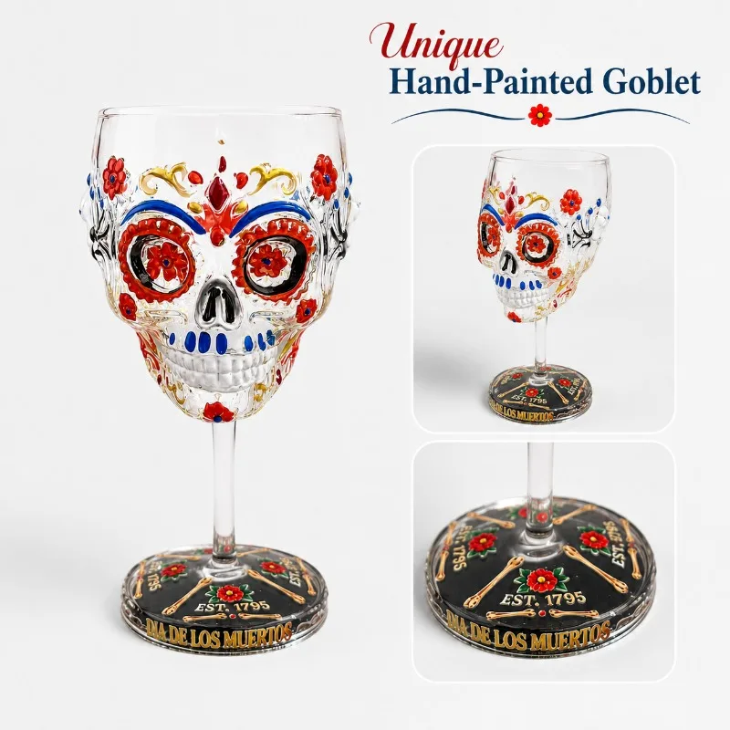 Day of The Dead Sugar Skull Wine Goblet Hand Painted Floral Skeleton Wine Glass Mexican Halloween Party Cocktail Cup Bar Decor