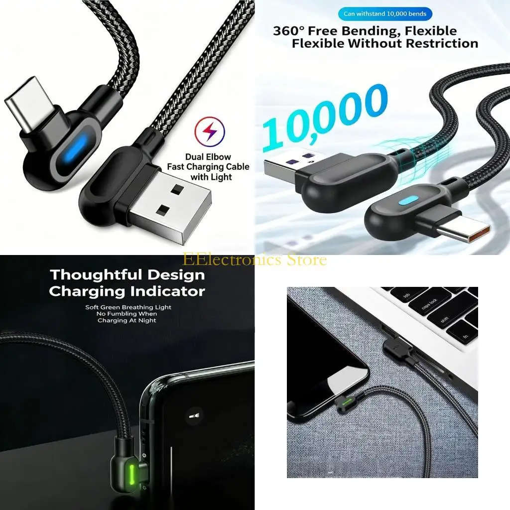 B03C Angled Type C Charging Cable With Light Light Fast Speed Charging For Home And Travel Use Anti Tangling