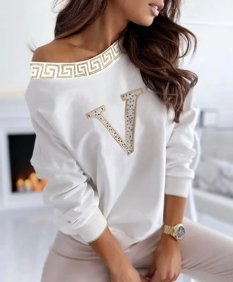 Spring Autumn Women Sexy White Round Neck 2025 Fashion T-shirts Daily Wear One Shoulder Rhinestone Letter Long Sleeve Casual Top