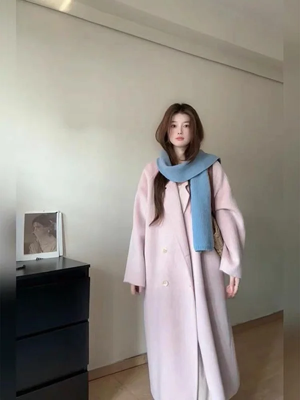 플러스 사이즈 핑크 울 코트 한국 스타일 여성 패션 가을 겨울 루즈핏 미디 아우터웨어 편안한 핏 엘레 슬레