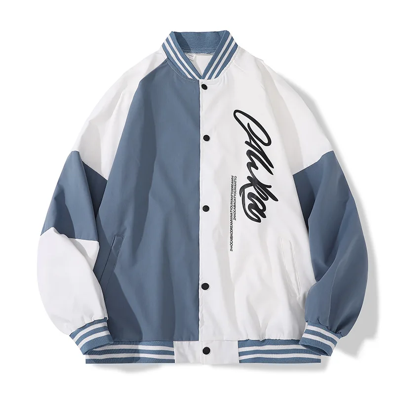 แจ็กเก็ตเบสบอลคอตั้งติดกระดุมสำหรับผู้ชาย, เสื้อโค้ทเย็บปะติดปะต่อกันเสื้อผ้าแนวสตรีทฮิปฮอปแจ๊กเก็ตทรงหลวมลำลองฤดูใบไม้ผลิฤดูใบไม้ร่วง