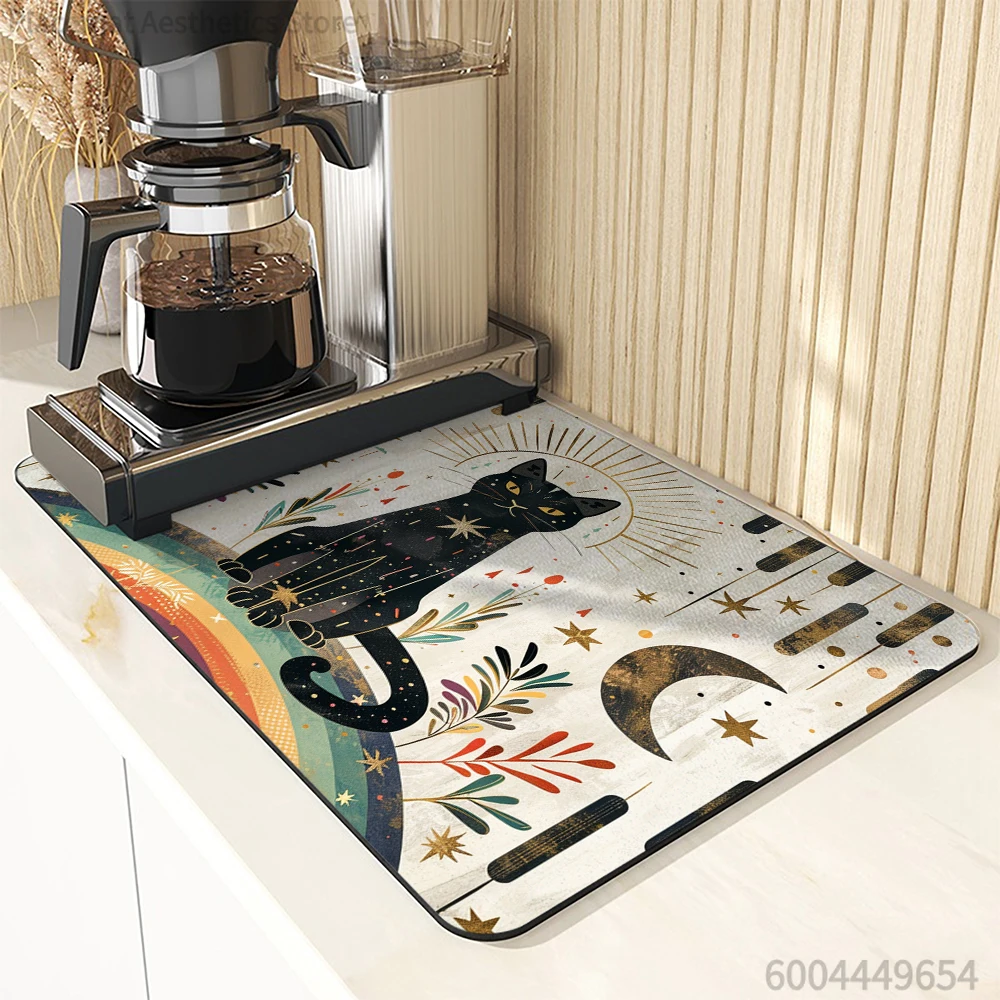 Absorbent Mat Abstract Plant Branches Leaves Cat Sun Kitchen Antiskid Drying Mat Quick Dry Bathroom Drain Pad Tableware Mat