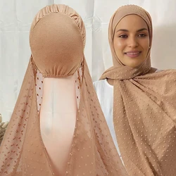 Ramadan Instant Hijabs with Cap Pom Pom Chiffon Jersey Turban Muslim Woman Veil Islamic Hijab Caps Easy to Wear Headscarf