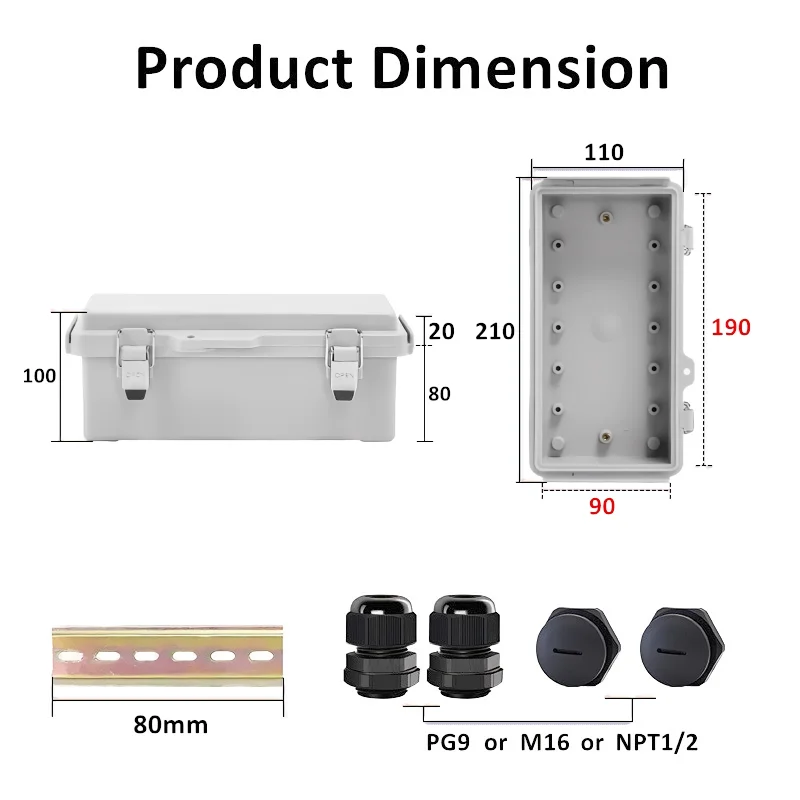 New Heighten Size 210x110x100mm Waterproof Distribution Power Casing With Gray Cover For Electrical Projects Ready To Use Kit