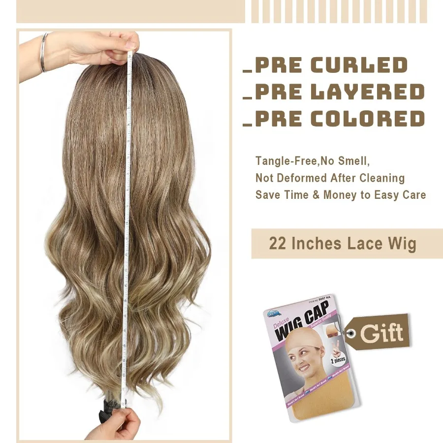Aschblonde Lace-Front-Perücke, 13 x 4, vorgezupft, Highlight-Körperwelle, synthetische Lace-Front-Perücke für Frauen, hitzebeständiges Haar, 55,9 cm Da