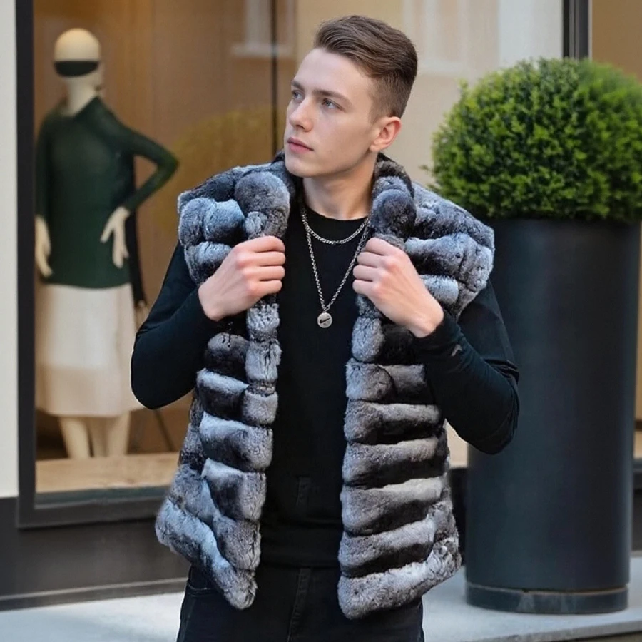 

Mens Furs Waistcoat With Stand Collar 2024 Winter Natural Rex Rabbit Fur Vests Chinchilla Color Gilet Men
