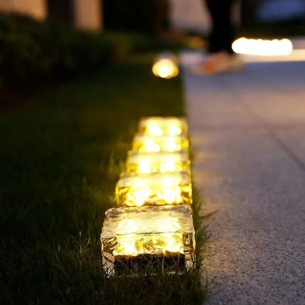 A93E-5 Pcs Solar Glass Brick Light Ice Cubes Lights LED Landscape Light For Christmas Outdoor Path Road Yard (Warm White)