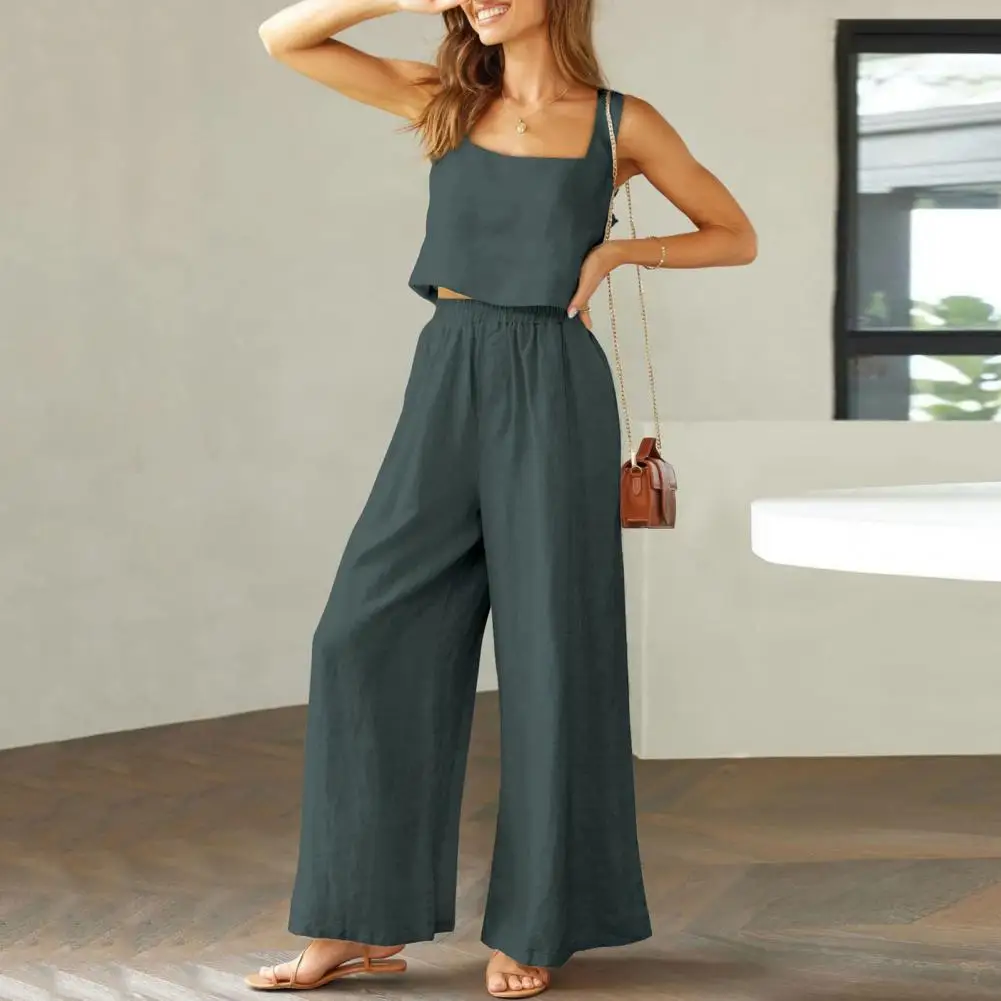 

2Pcs Women Casual Suits Sleeveless Strappy Cotton Linen Tank Crop Top Wide Leg Pants Matching Lounge Set Loose Tracksuit