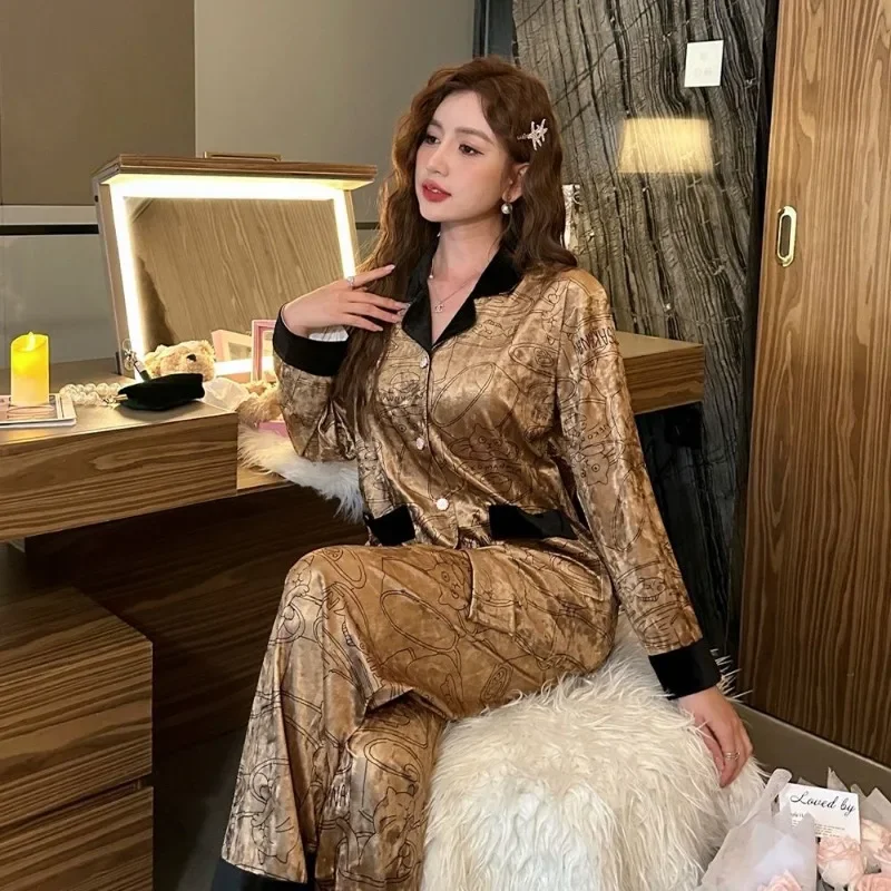 2024 New Gold Velvet Couple Pajamas Spring Autumn Women High-Grade Long Sleeve Thin Sleepwear Set Men Loose Casual Homewear Suit