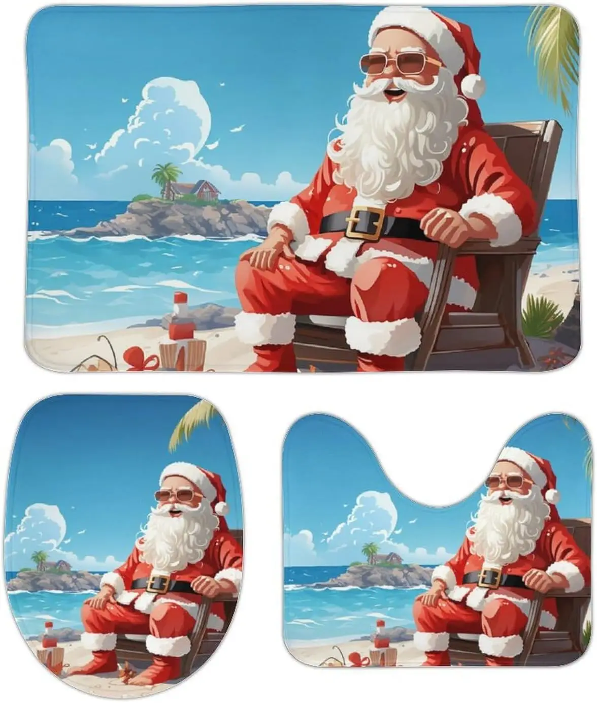 3 Piece Bath Rug Set Non Slip Absorbent Bath Mat Contour Mat with Toilet Lid Cover Santa Claus at Beach Soft Floor Mats for