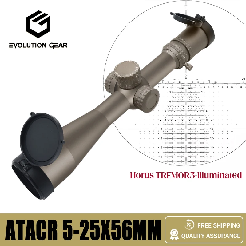 

Новый прицел Evolution Gear ATACR 5-25X56 FFP с подсветкой и сеткой HORUS TREMOR3 для охоты, калибры 5.56 и .308, цвет FDE