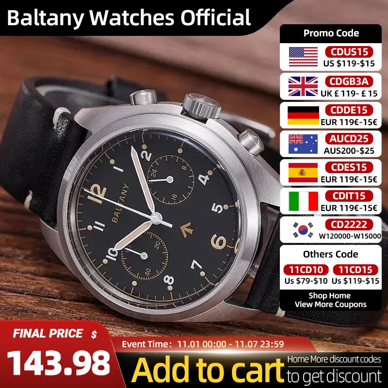 

Baltany 2023 Men's Multifunction Watches S5044 6BB Military Chrono VK64 Movement AR Sapphire 50M Waterproof Quartz Wristwatch