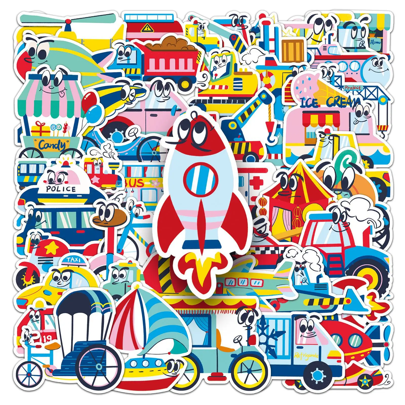 50-100 PCS Transportation Cartoon Stickers, Hand-drawn Creative Waterproof Decals for Water Bottle Skateboard Luggage Decoration