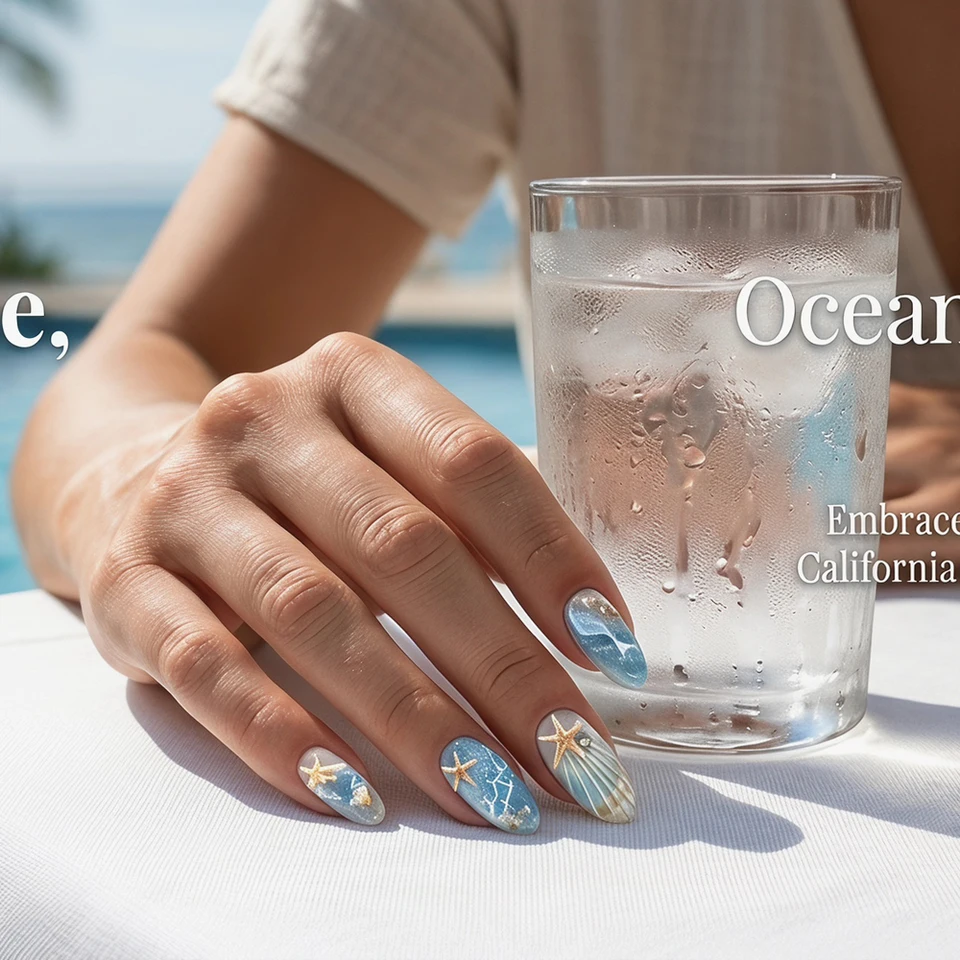 10 uñas press-on con ola oceánica 3D, azul y nude playa, con concha y estrella de mar, brillantina, para verano 5