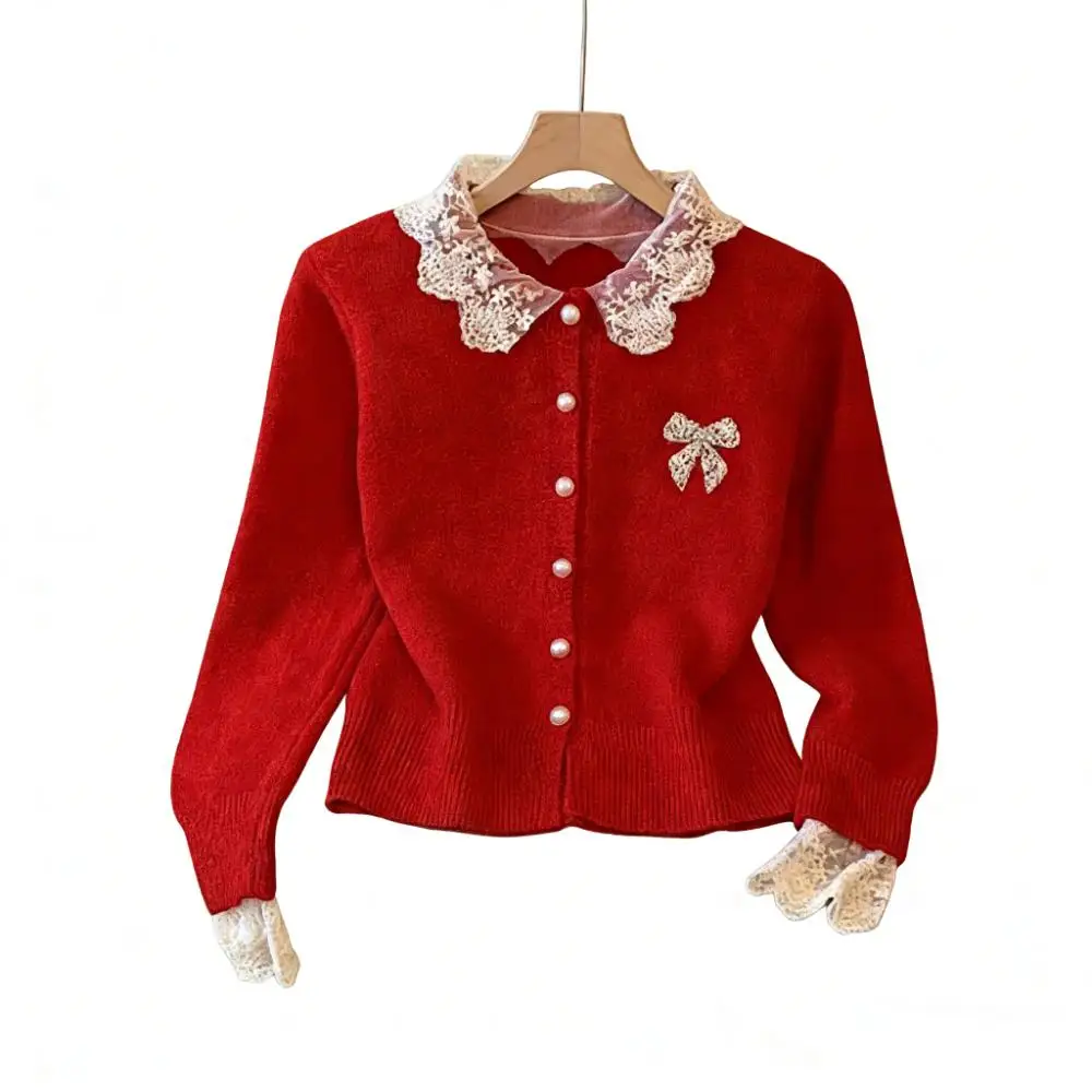 

Шерстяной свитер, кардиган, женский во французском стиле, милый осенне-зимний кружевной топ со стразами и бантом, мягкий теплый вязаный топ с v-образным вырезом и длинным рукавом
