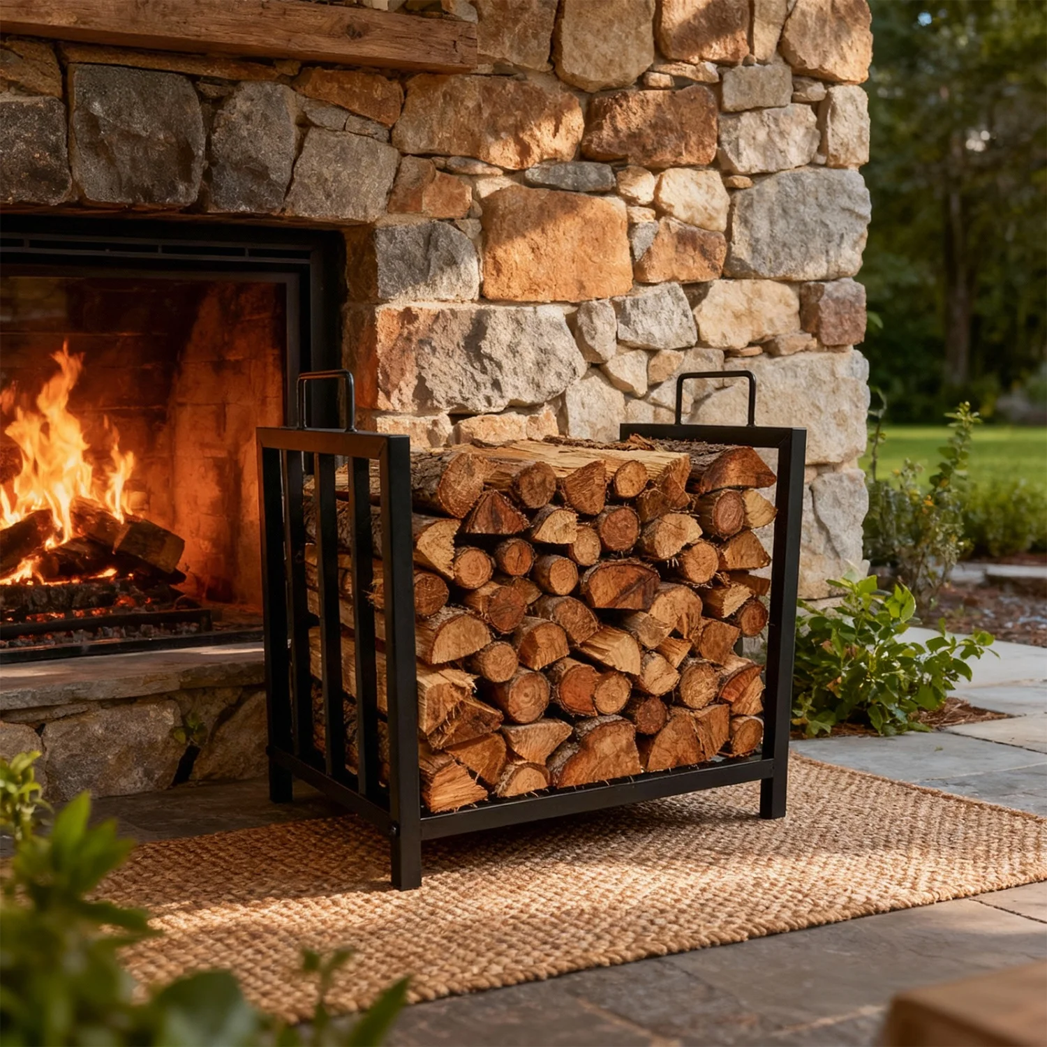 

Полка для дров с ручками, прочный металлический держатель для бревен, деревянная подставка для хранения в помещении и на открытом воздухе — для камина, костра, патио, террасы