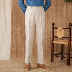 Business-style Naples Breathable 100% Linen Pants Men's Casual Double Pleated High Waist Straight Profile Trendy Suit Pants