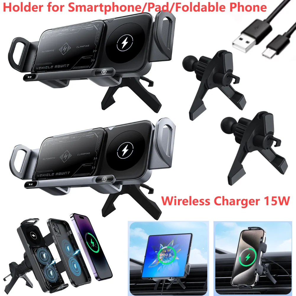 Soporte Universal para teléfono de coche, cargador inalámbrico de doble bobina, soporte plegable para teléfono, carga rápida para Samsung, iPhone, Xiaomi, Z Fold
