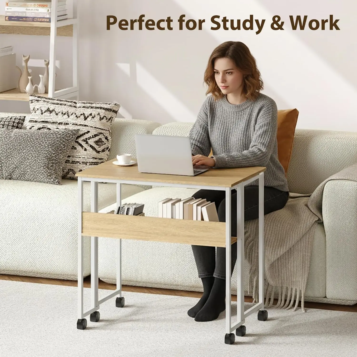 مكتب قابل للطي مع رف تخزين، مكتب دوار 63 × 50 سم على عجلات، طاولة كمبيوتر للمكتب المنزلي، سهلة التجميع، موفرة للفصل