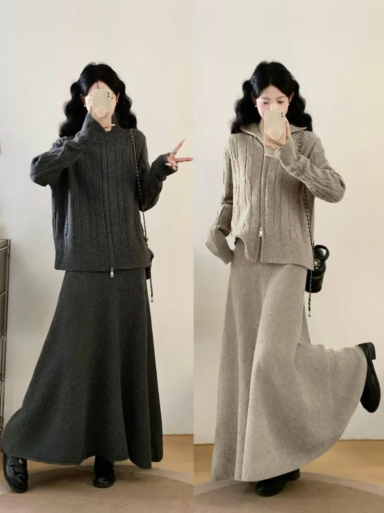 

Комплект из двух предметов: кардиган на молнии с высоким воротником и юбка для полных женщин, осенне-зимний, омолаживающий, стройнящий, модный...