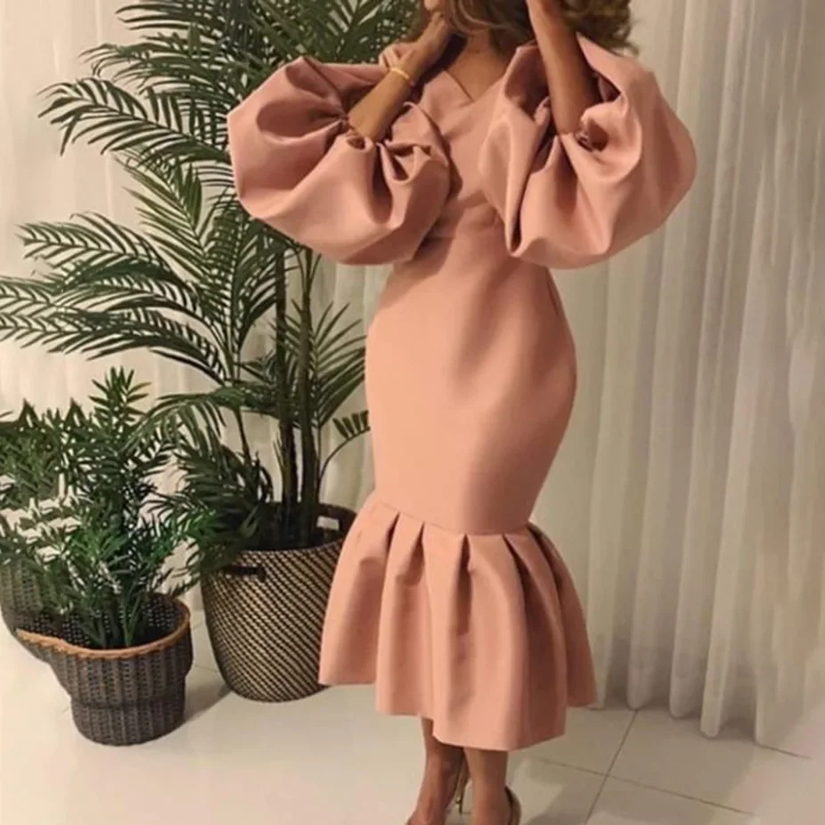 

Cross-border supply African women's clothing fashion solid color V-neck bubble long-sleeved fishtail skirt European and