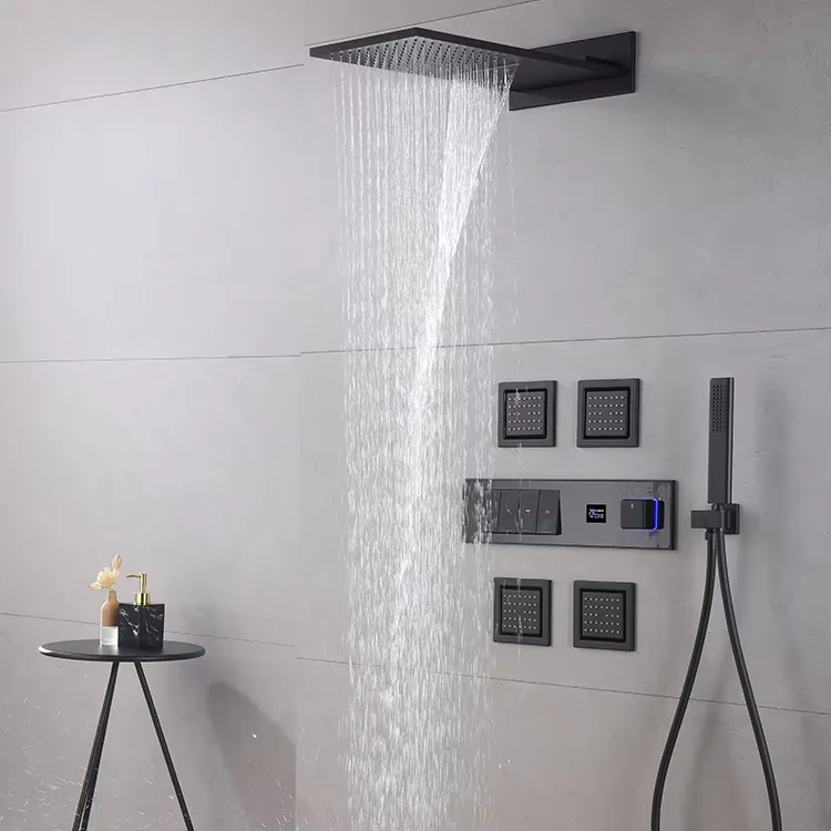 High Quality Black Wall-mounted Thermostat Mixer Bathroom Shower Faucet Rain Collection Waterfall Fog Shower Apartment Massage