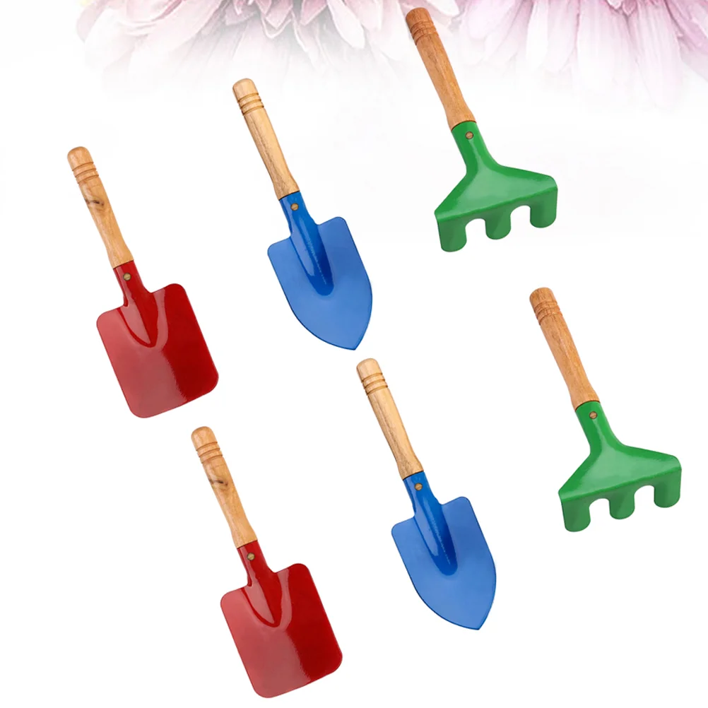 2 Set/6 Pcs Children Garden Tool Iron Trowel Rake Colored Printed Hand Tools with Wooden Handle for Kids Child Girl