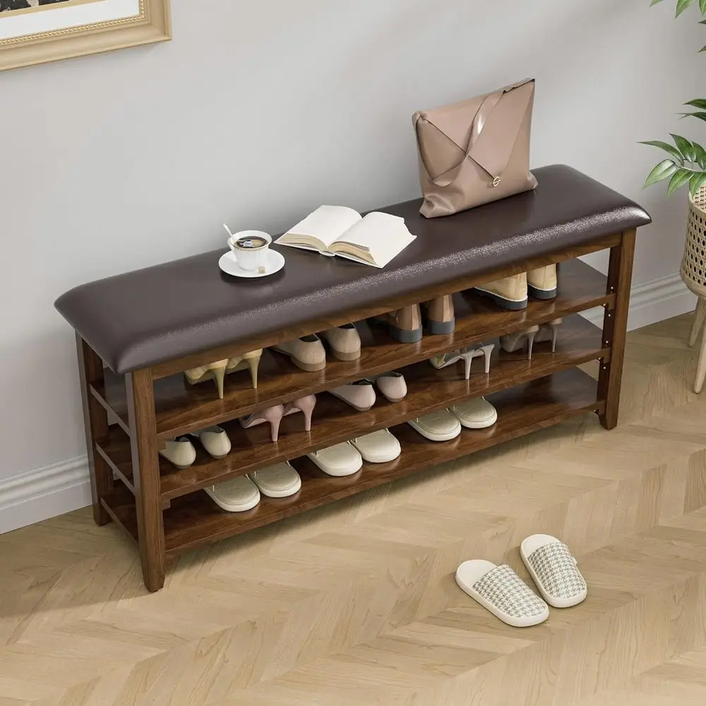 Rustic 3-Tier Adjustable Height Wood Shoe Bench with Leather Cushion, Brown, 47.2 for Hallway & Mudroom Storage