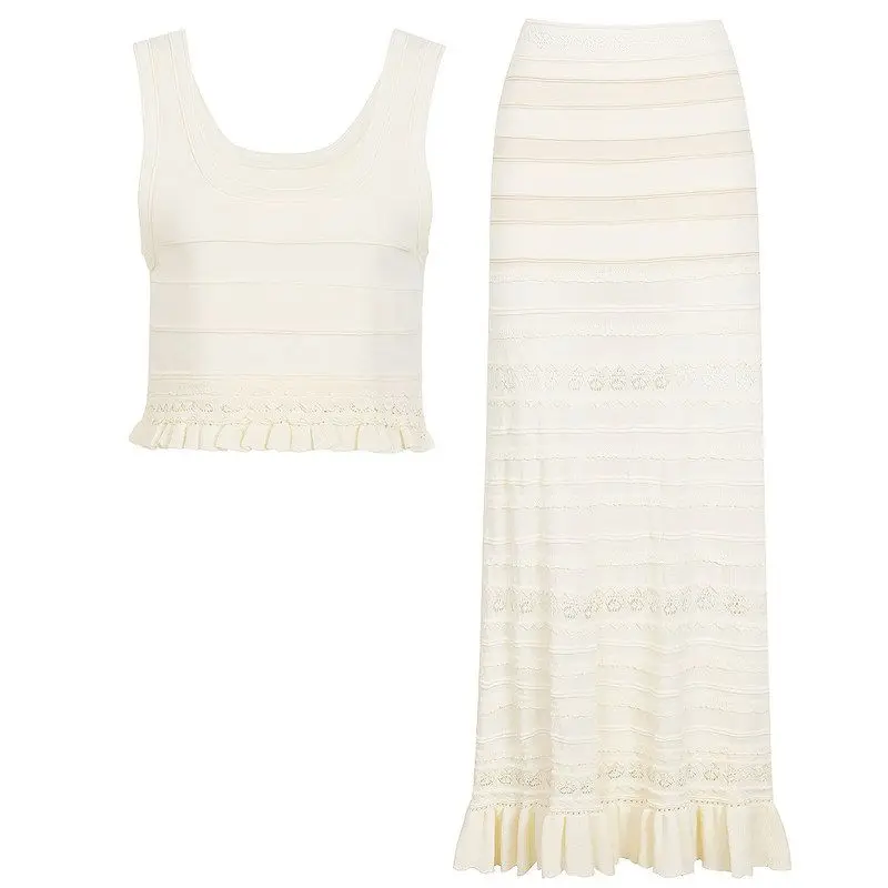 High Quality Summer New Wooden  Sleeveless Knitted Vest Mid-Length Skirt Set Elegant Style No Brand Women's Fashion Ensemble