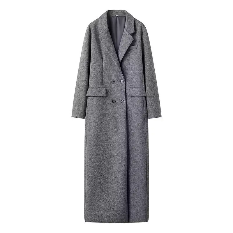 2024 New Woolen Trench Long Coat Gray Winter Button Long Woolen Jacket Female Lapel Jacket Casual Elegant Windbreaker