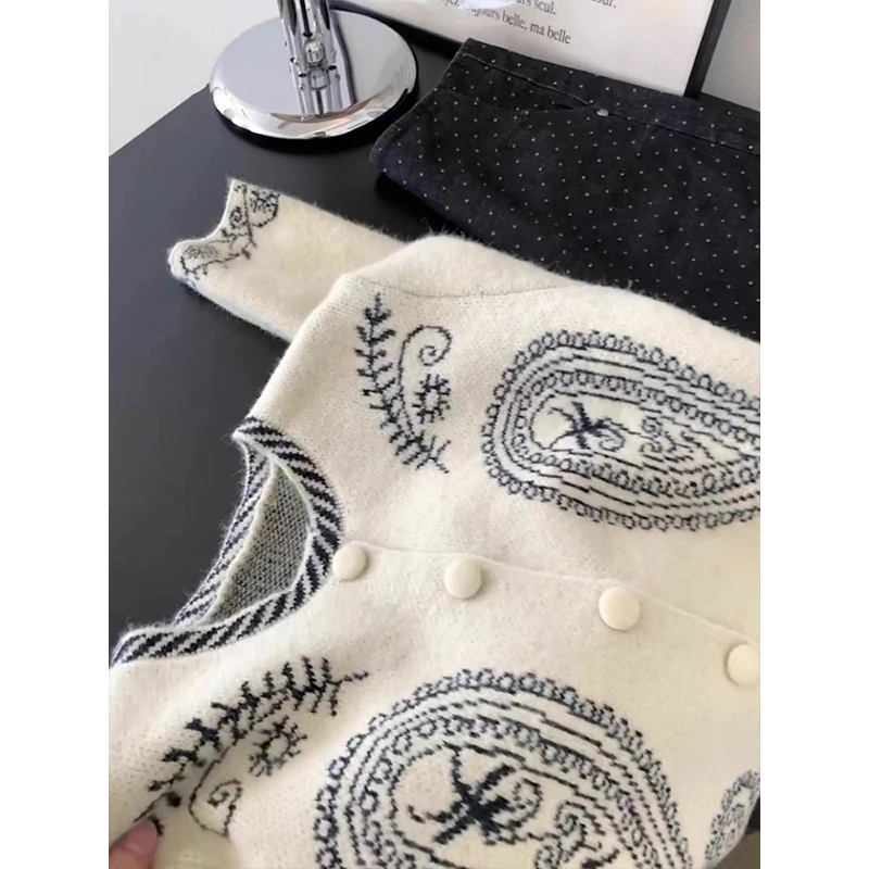 เสื้อคาร์ดิแกนถักทรงหลวมสไตล์เกาหลีแบบย้อนยุค ปักลาย ทรงกลม แขนยาว สำหรับผู้หญิง ใส่สบายๆ ในฤดูใบไม้ร่วง