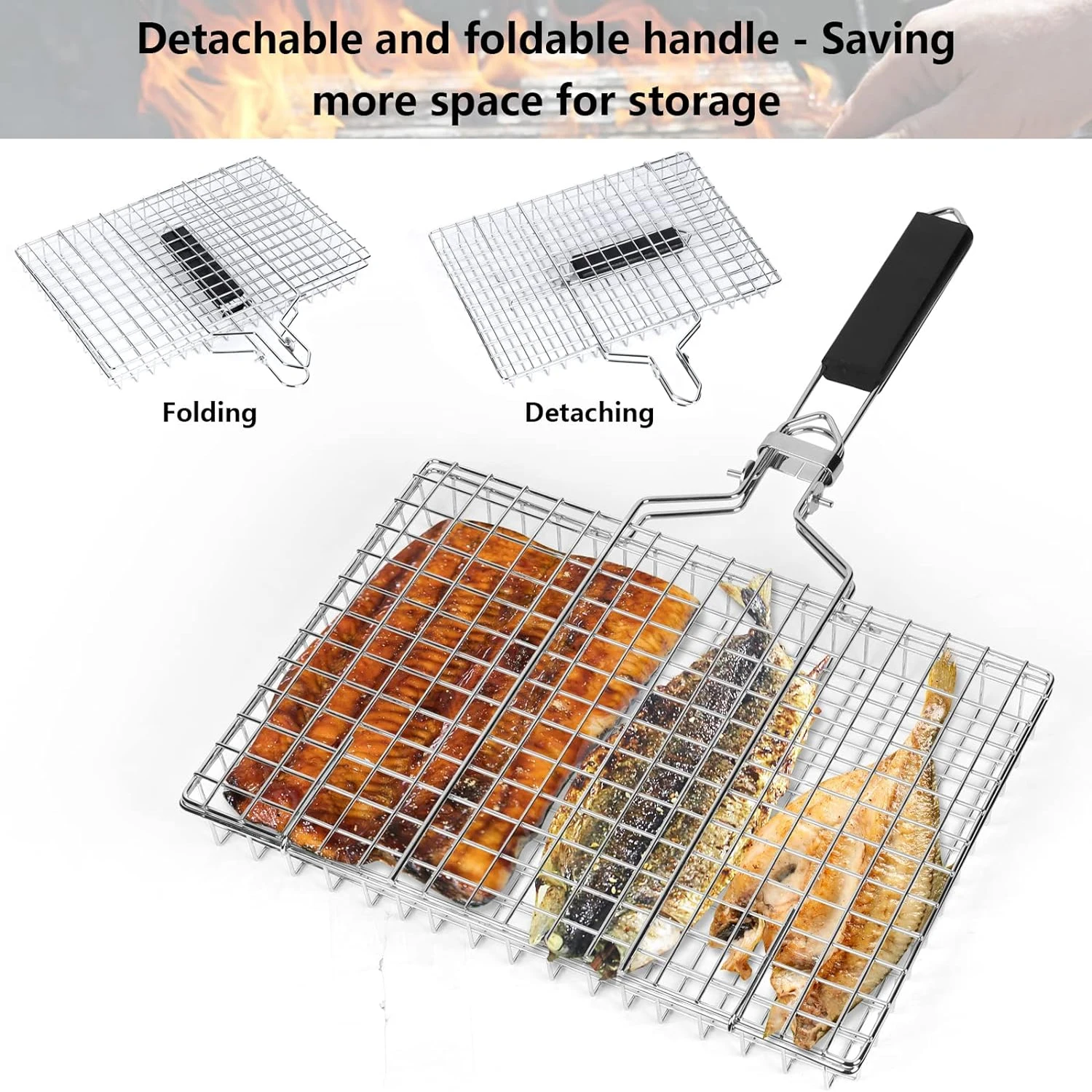 Folding Grilling Basket Outdoor Camping BBQ Stainless Steel Grill Rack Foldable Seafood Steak Vegetables Barbecue Cooking Tool