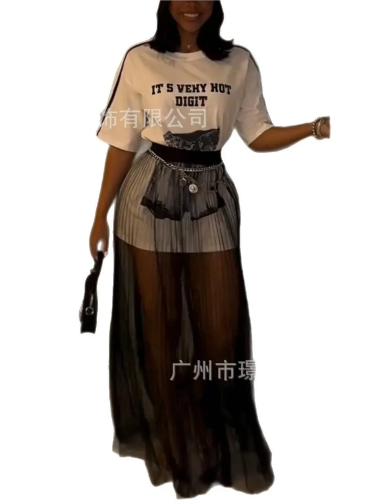 الصيف المرأة س الرقبة طباعة تي شيرت طويل + شبكة تنورة موضة عادية قطعتين مجموعة ملابس حريمي أنيقة 2 قطعة مجموعة للمرأة