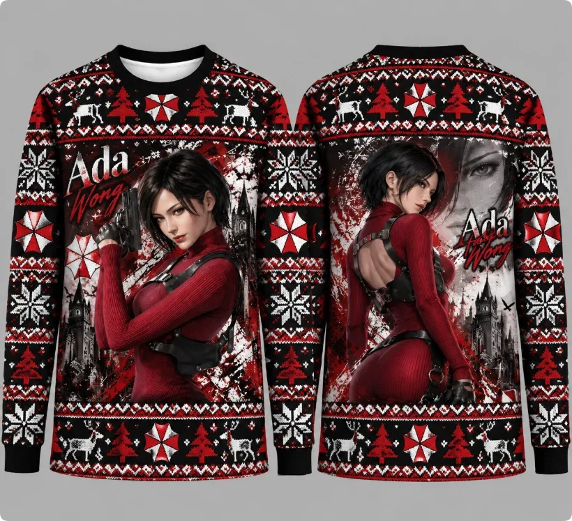 Sweat-shirt imprimé avec le logo du personnage de jeu Resident Evil, motif de Noël : pull de Noël, parapluie, flocon de neige, renne, idéal pour une fête de Noël.