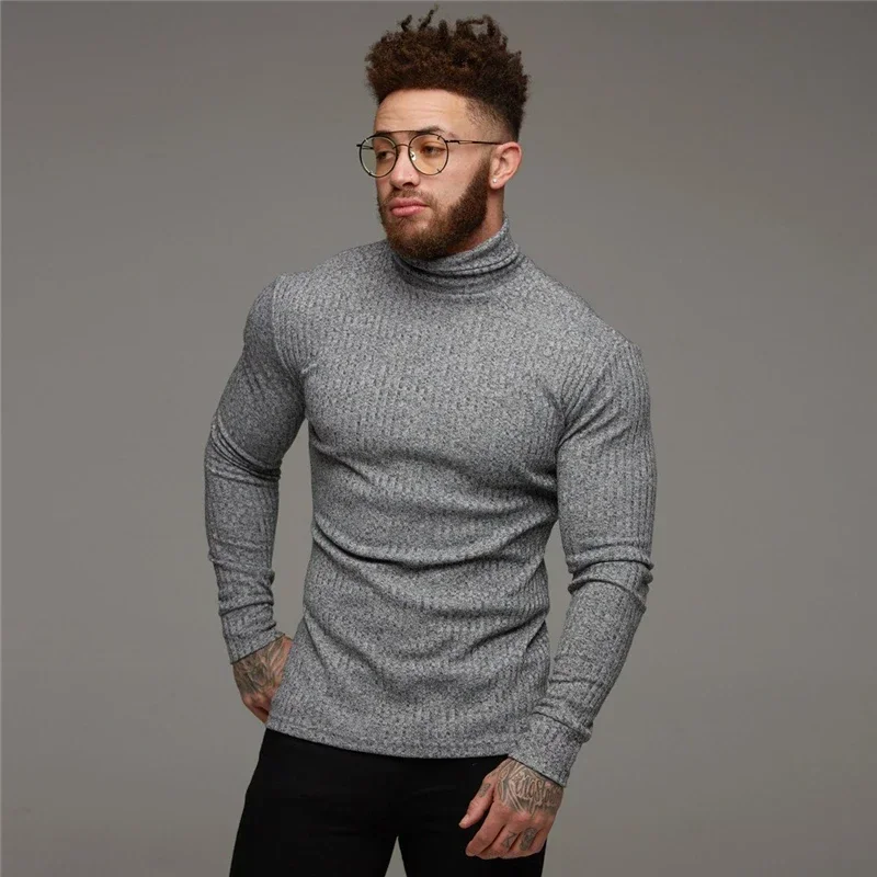 Effen herfst casual sneldrogende gebreide shirts heren sport lange mouwen coltrui T-shirts gym bodybuilding spier fitness trui