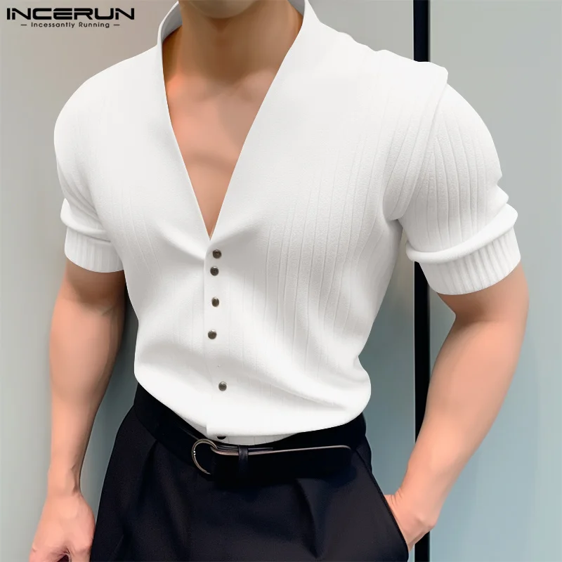 INCERUN Men T Shirt Solid V Neck Short Sleeve Button Casual Men Clothing Streetwear Summer Korean 2024 Stylish Tee Tops S-5XL