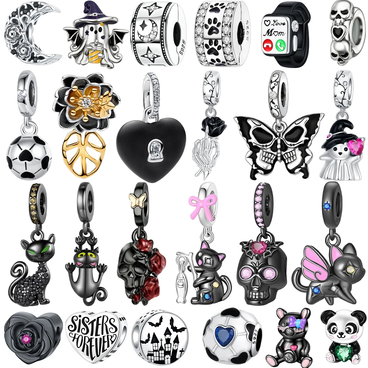 Original 925 Sterling Silver Black Charms Cat Panda Skull Spider Heart Beads Pendants Fit Bracelet Necklace DIY Jewelry Gift