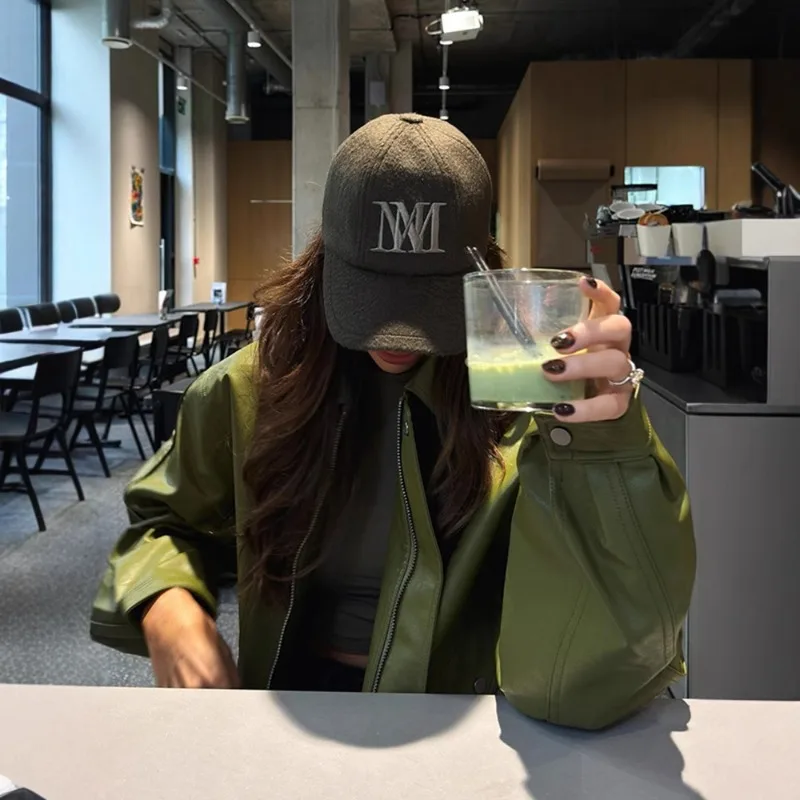 Women's Clothing Autumn Winter Leather Jacket Fast Selling Hot Items Individuality Turn-down Collar Green Leather Jacket Coat