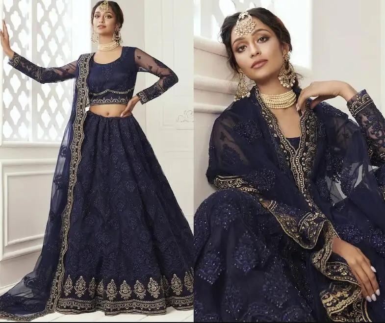 Navy Blue Lehenga Choli Prom Dresses with Long Sleeve 2023 Wrap Caftan Embroidery Indian Princess Evening Occasion Gown