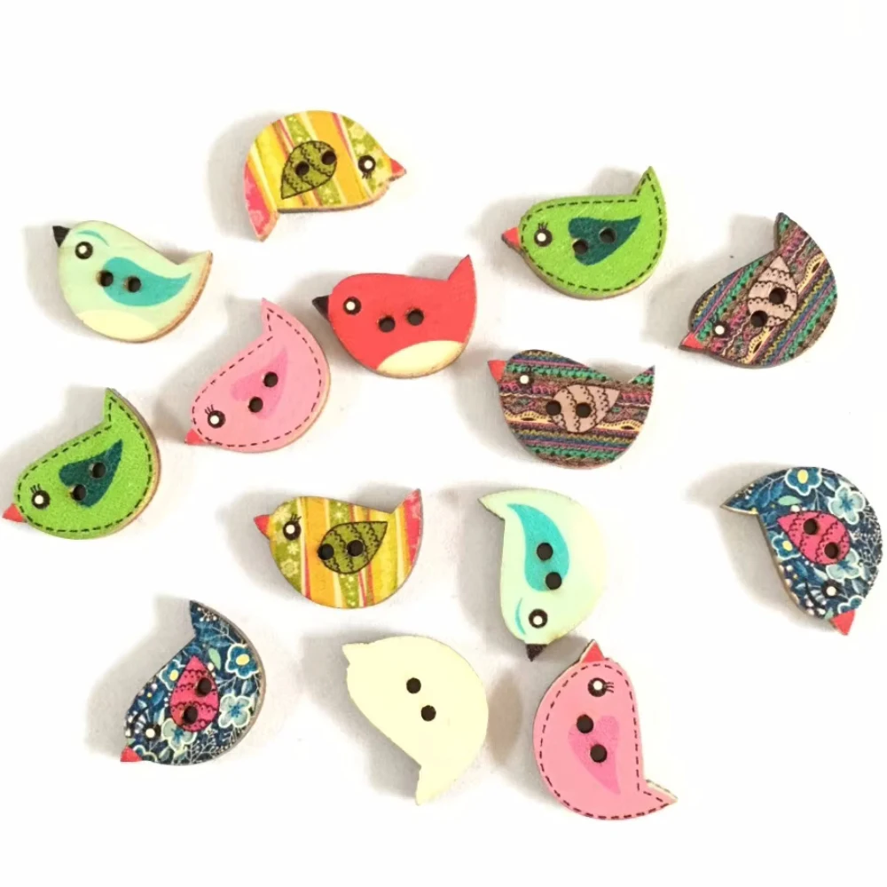 50PCs Mixed Wooden Buttons Cute Bird Pattern Decorati 2 Holes Round Wooden Buttons For Sewing, DIY, Clothing Accessories  7NK213