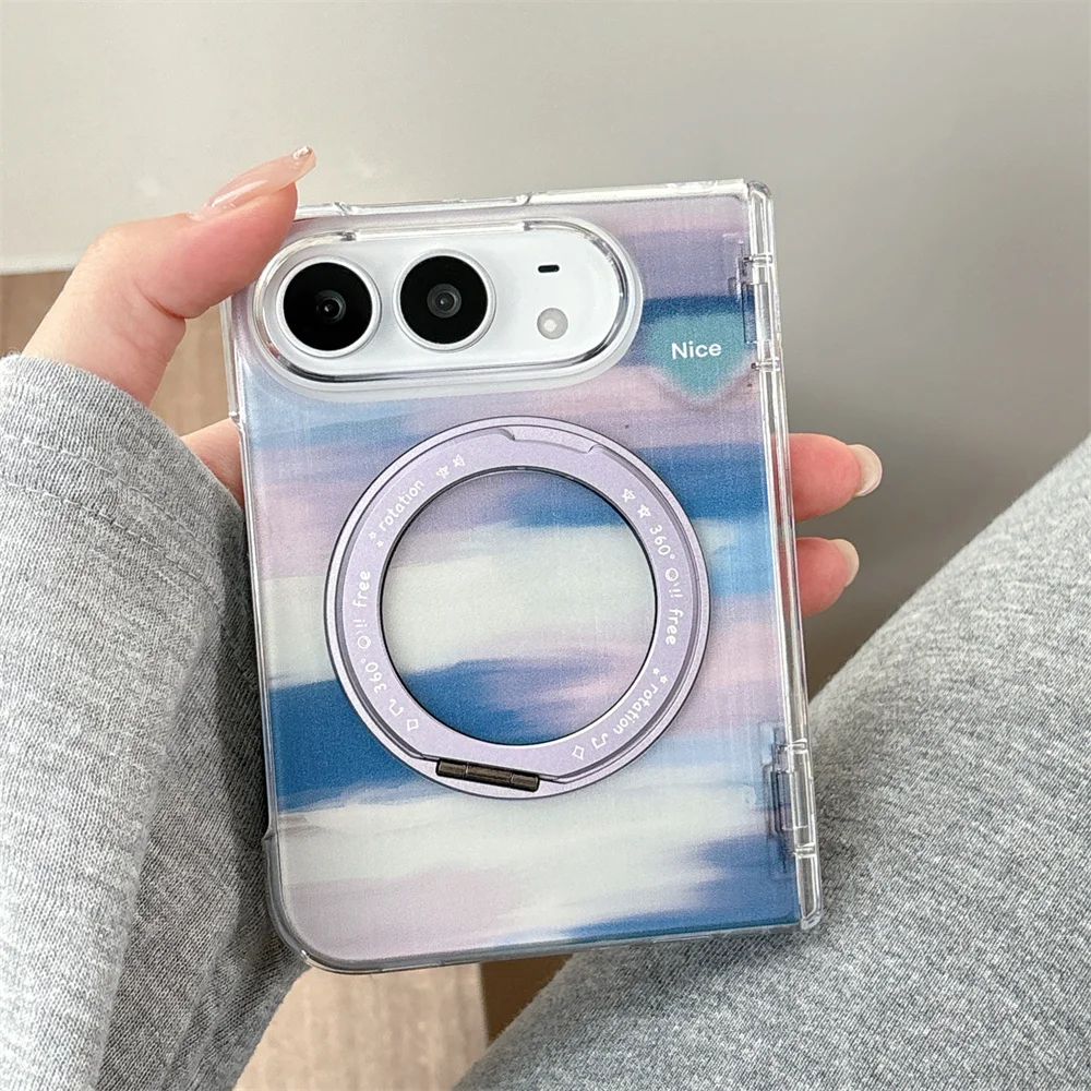 Korean Cute Gradation Clouds Folding Phone Case For iPhone Duo With Chain  360° Magnetic Stand Shockproof cases For Magsafe