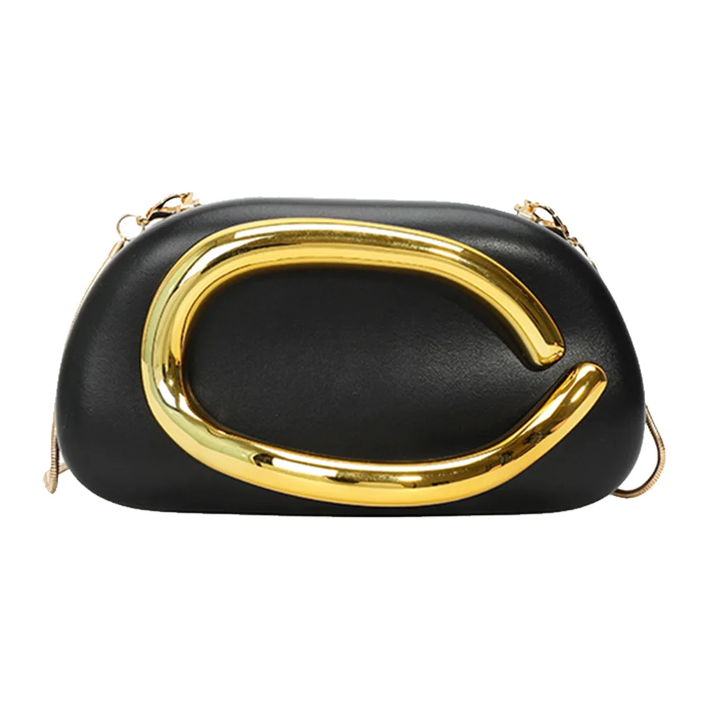 Fotografia 4: Bolsa feminina de couro pu com alça de metal e corrente, decoração de metal, bolsa de noite, bolsa de mão de ombro para jantar à noite