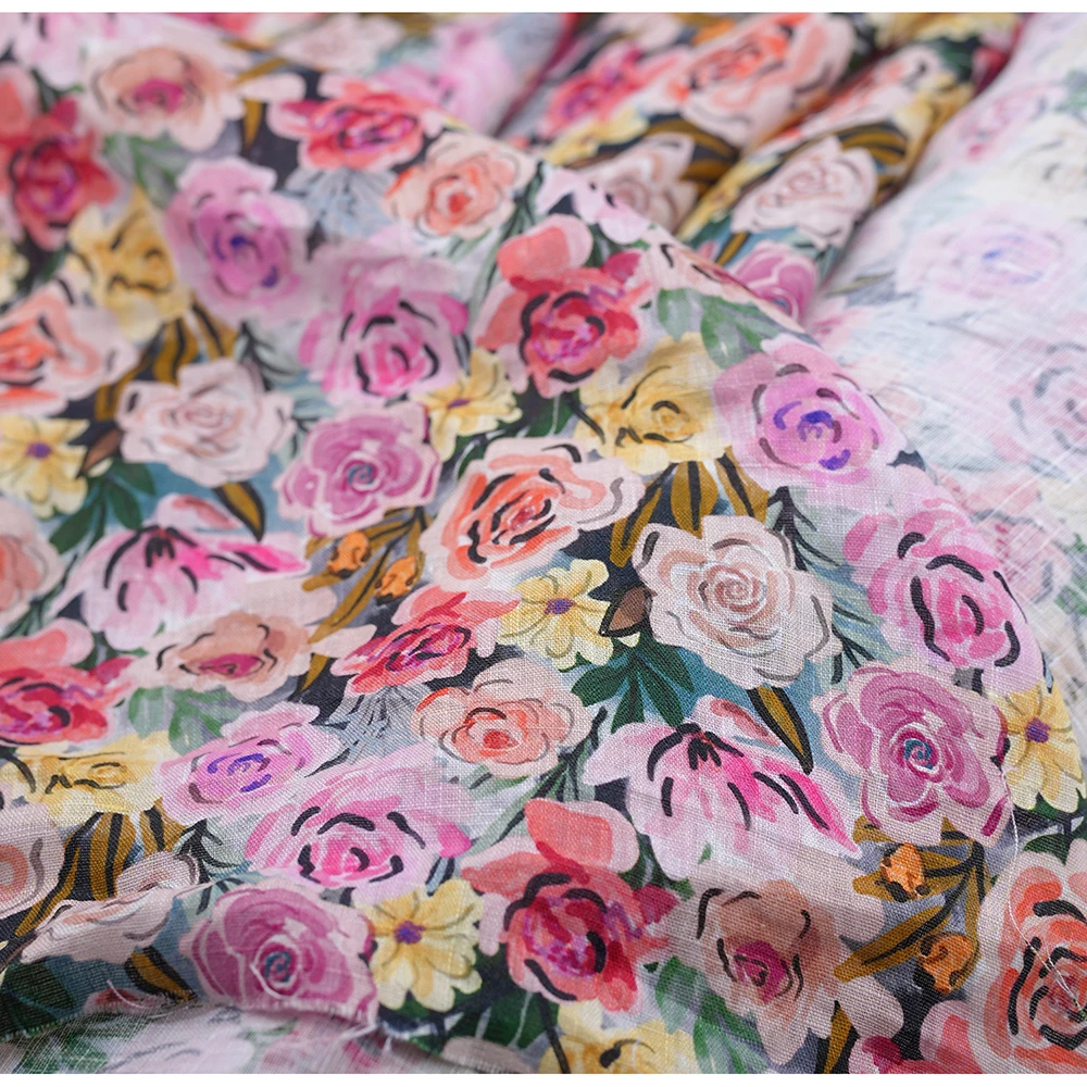 

Floral Print Fabric by the Yard. Linen Fabric with Beautiful Floral Patterns, Pink roses,Suitable for Making Skirts