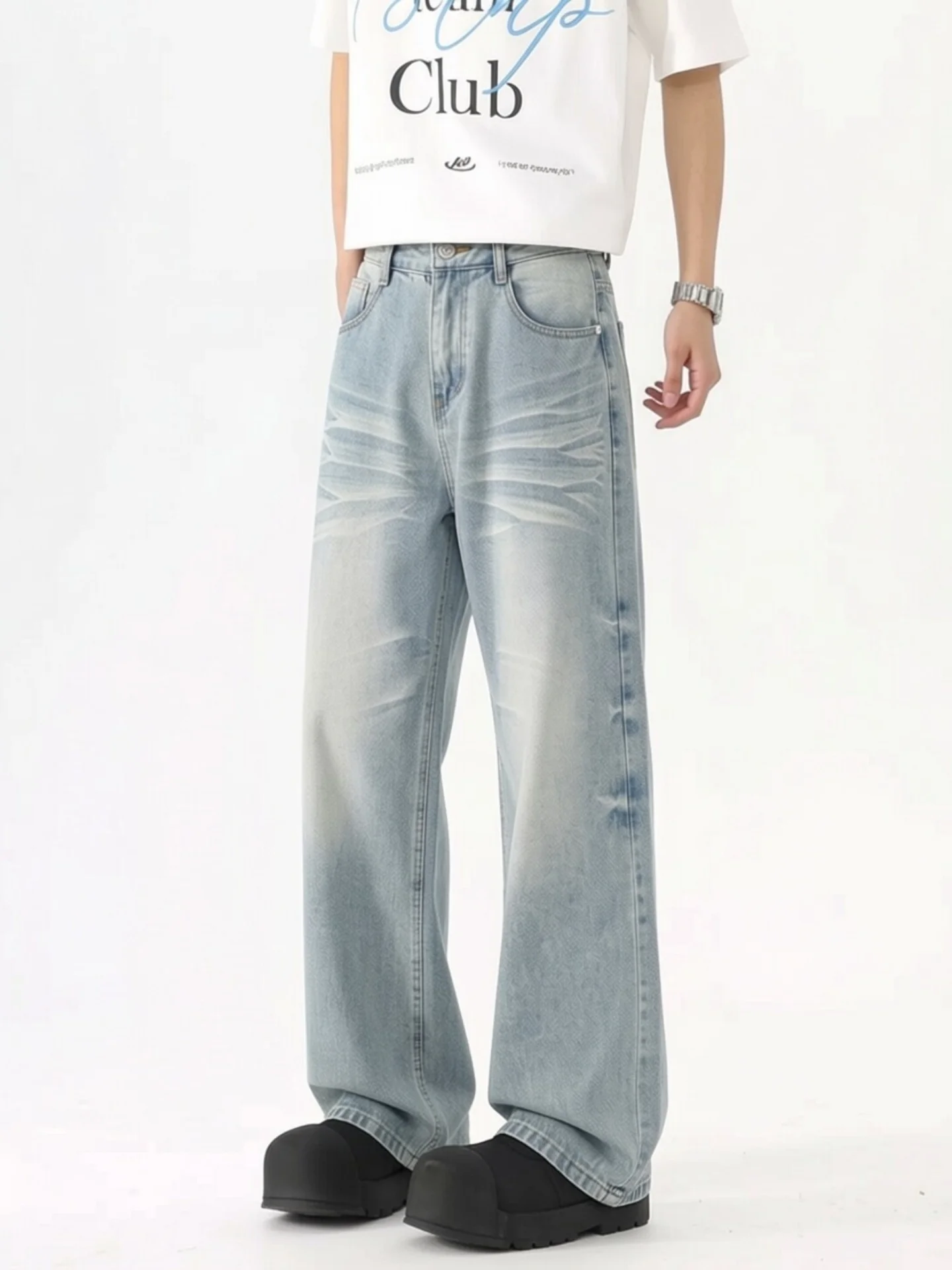 

Iceberg Blue Straight Leg Men's Jeans Casual Washed out Slimming Bootcut Scratch Water Washed Loose Fit Summer Long Pants