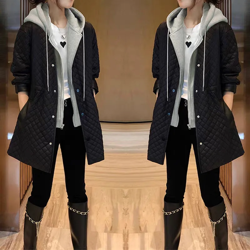 Hooded Spliced Women Parkas Coats Mid Lenth Overcoat Solid Zipper Long Sleeves Loose Thick Office Lady Casual Autumn Winter 2025