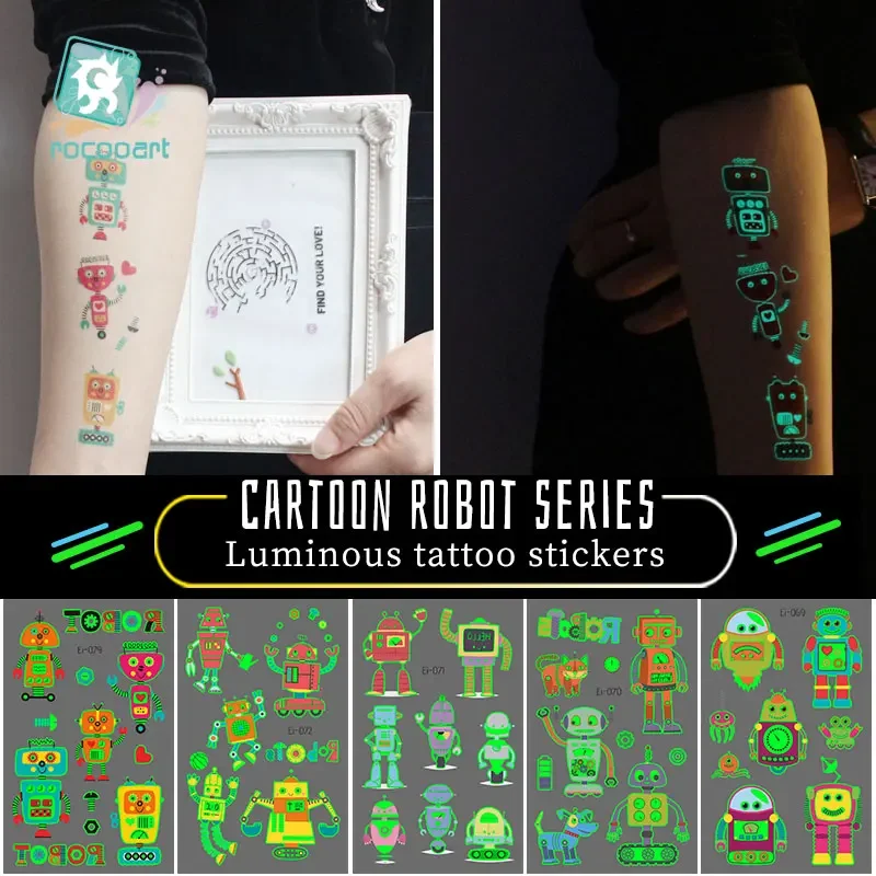 Kids Cartoon Tattoo Stickers Luminous Robot Tatoos Childs Waterproof Taty Glowing in Dark Tatto For Children Body Art