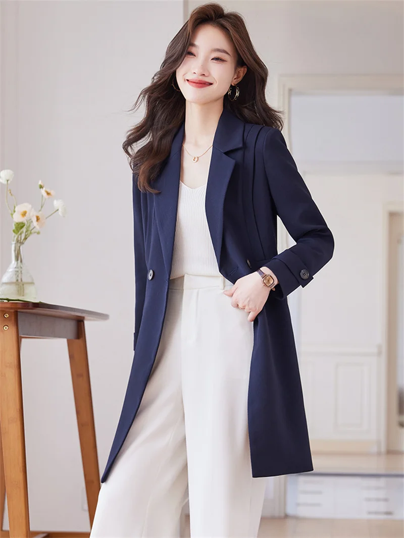 Autumn Winter Women Suit Coat New Solid Color Double Breasted Mid Long Windbreaker Female Outerwear Ladies Formal Office Blazer