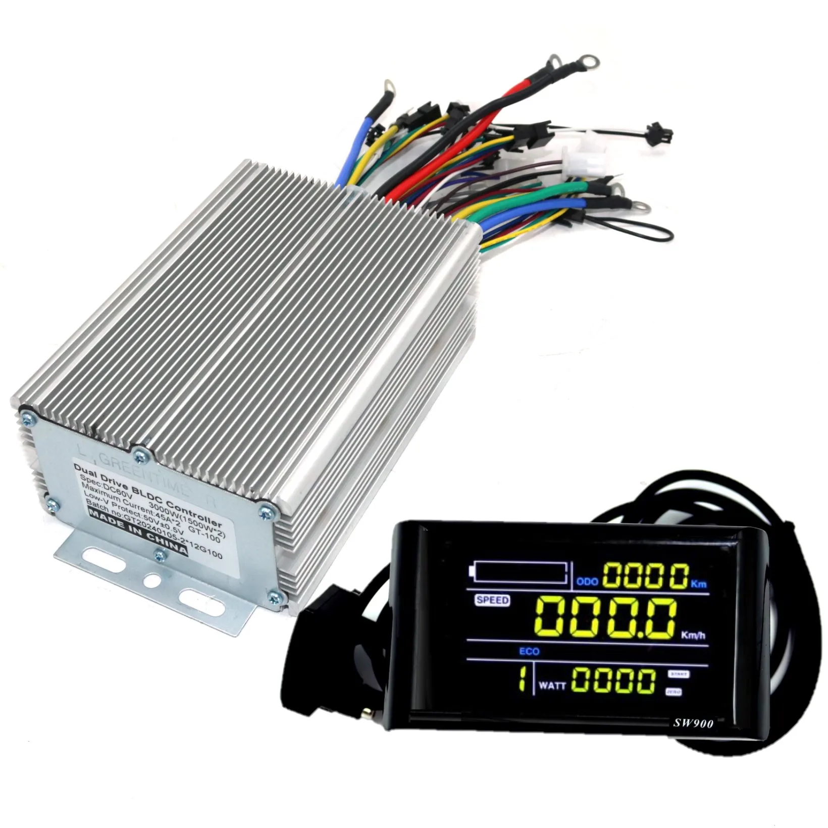 GREENTIME Dual Drive 48/60/72V 3000W Sine Wave Brushless DC Motor Controller Electric Scooter E-bike Driver and SW900 One Set