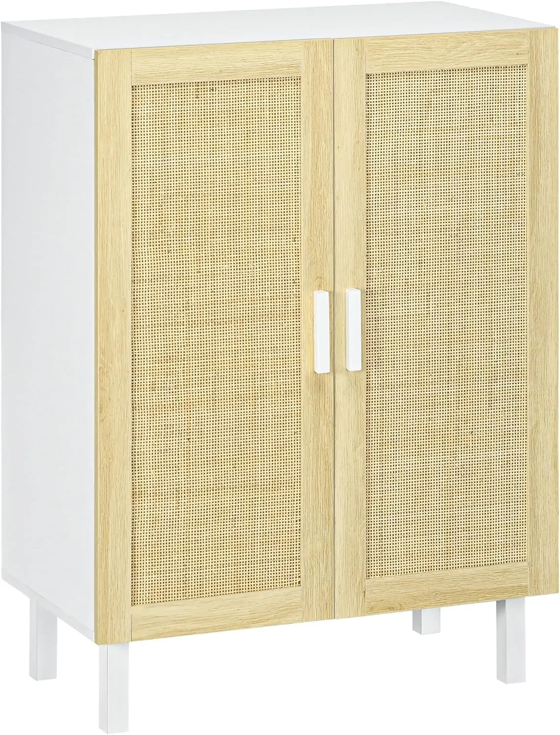 HOMCOM Sideboard Buffet Cabinet,Kitchen Cabinet, Coffee Bar Cabinet with 2 Rattan Doors and Adjustable Shelves,White and Natural